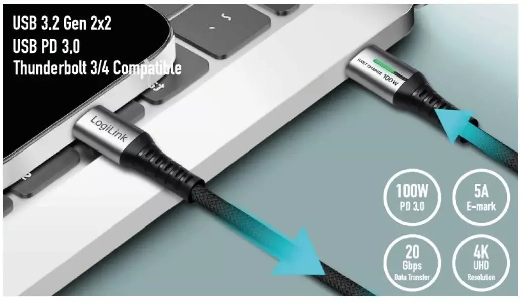 Kabllo USB C LogiLink CU0432, 1 m, USB 3.2 Gen 2x2, 100W PD, i zi