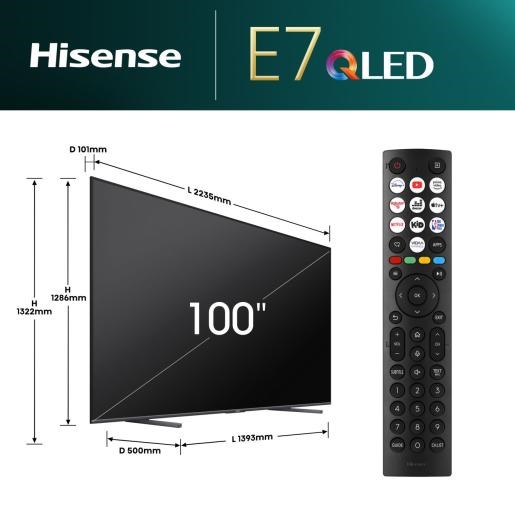 Телевизор QLED Hisense 100E7NQ, 100\", 4K Ултра HD, Паметен ТВ, сив
