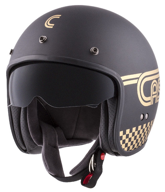 Helmetë moto CASSIDA Oxygen Rondo, polikarbonat, visor dielli, e zezë mat me të artë