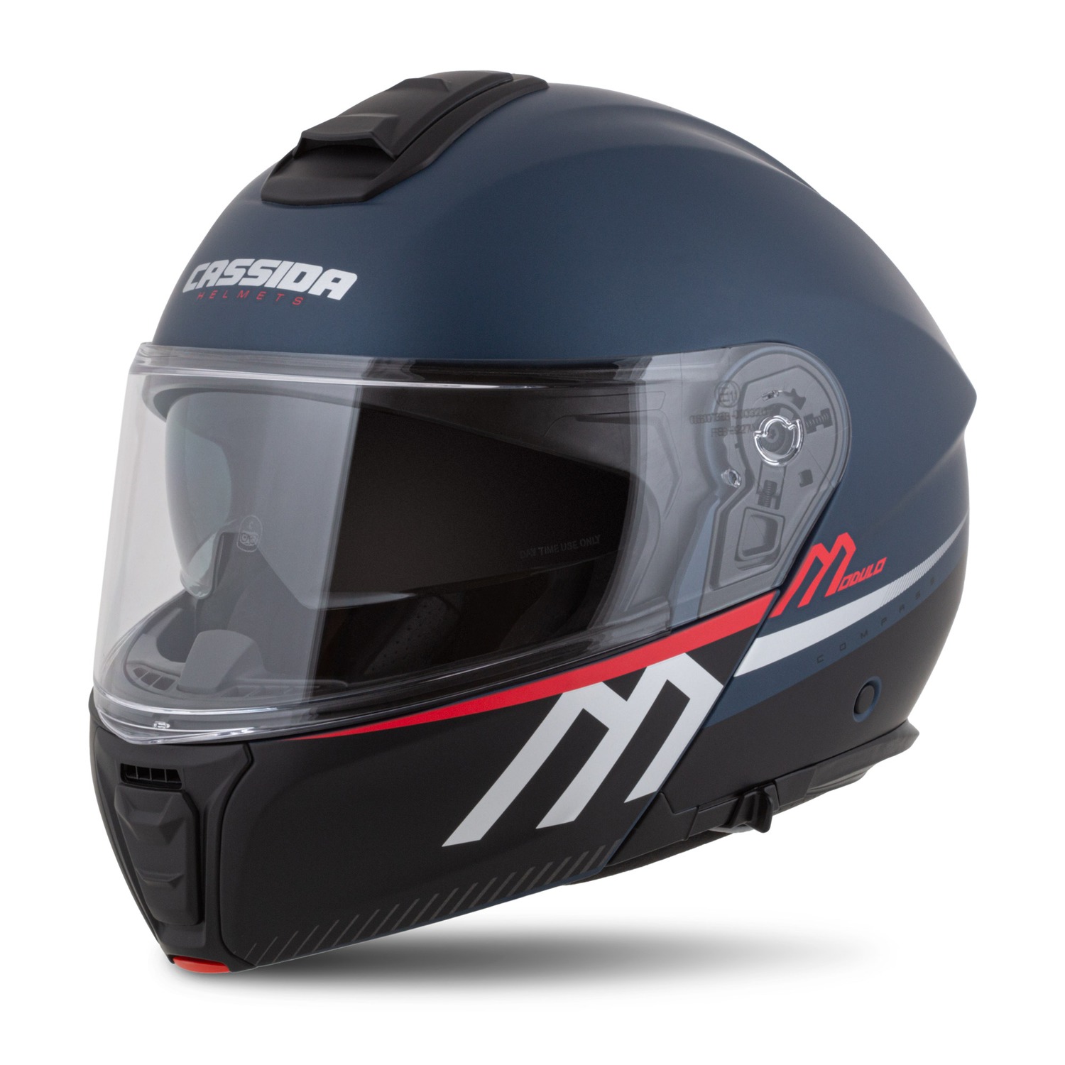 Kaskë moto CASSIDA Modulo 2.1 Compass, touring flip up, Pinlock ready, blu mat pearl e zezë argjend kuqe