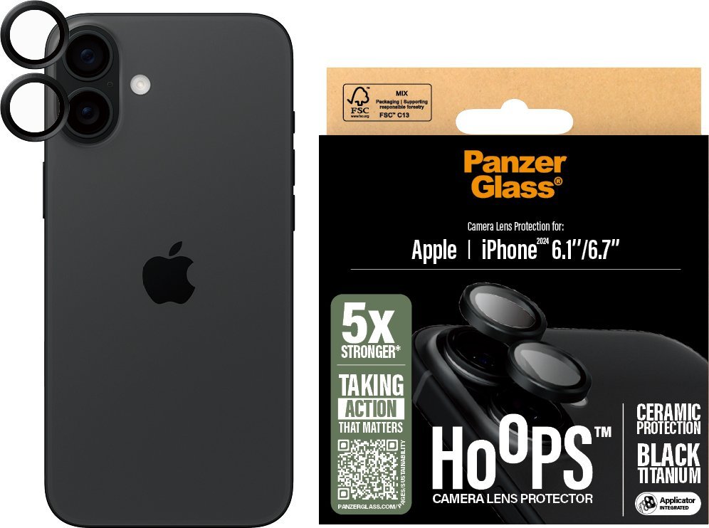 Mbrojtës kamere PanzerGlass Hoops Ceramic, për iPhone 16, për iPhone 16 Plus, transparent