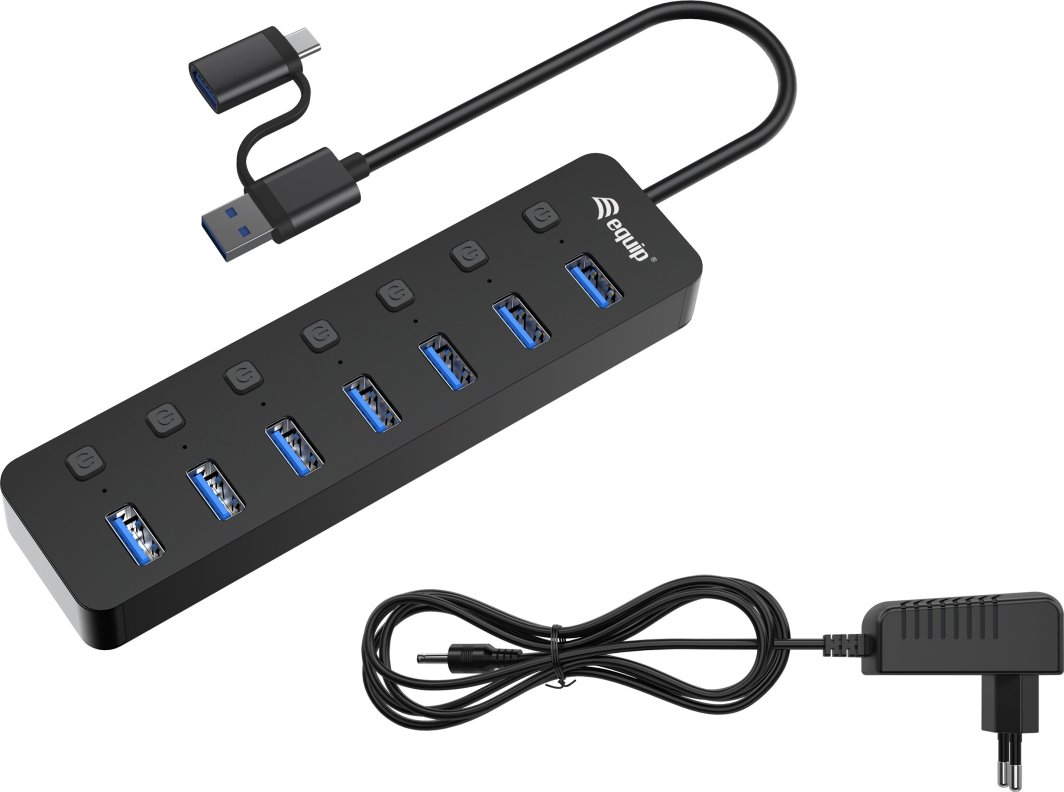 Hub USB LevelOne Equip 128965, 7 porta, USB 3.2 Gen 1, me adapter energjie