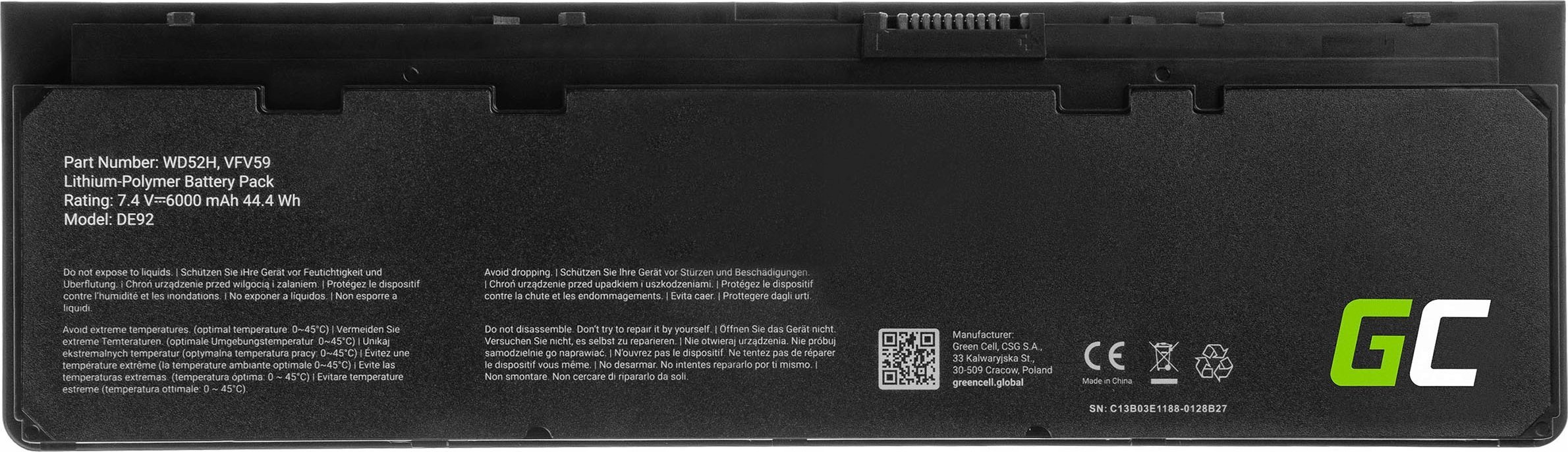 Bateri laptopi Green Cell WD52H VFV59, 4600mAh, për Dell Latitude E7240 E7250, e zezë