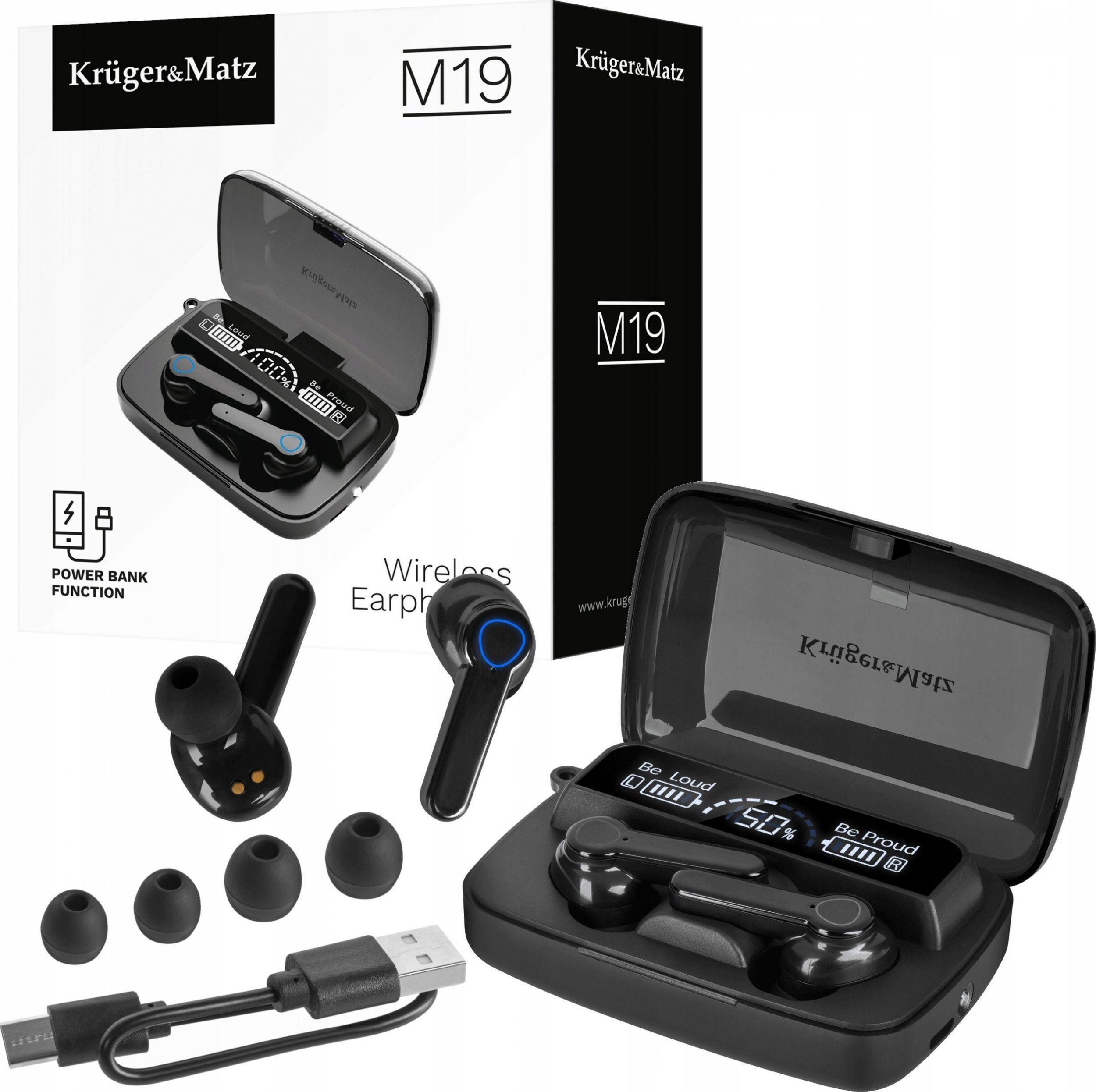 Kufje wireless in ear KrugerMatz M19, me power bank, të zeza