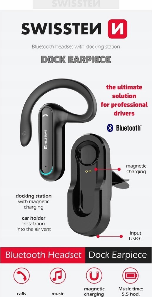 Kufje Bluetooth Swissten Dock Earpiece, me qëndrim magnetik, e zezë