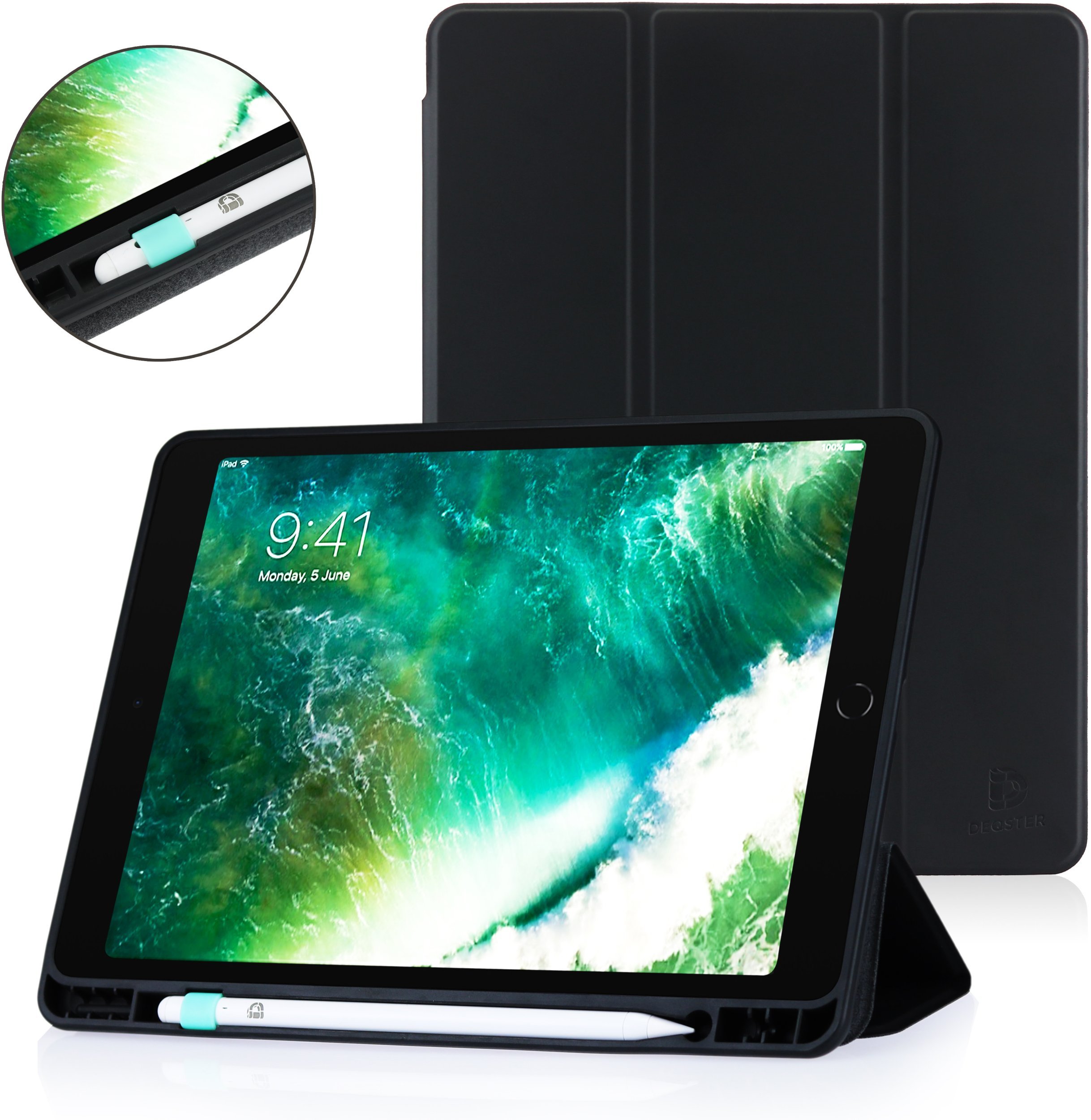 Футрола за таблет DEQSTER Slim Case ST2, за iPad 10.2" 7/8/9 Gen, со држач за стилус, црна