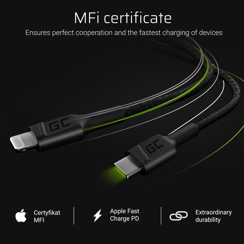 Kabllo USB Green Cell, USB-C në Lightning, 1m, e zezë