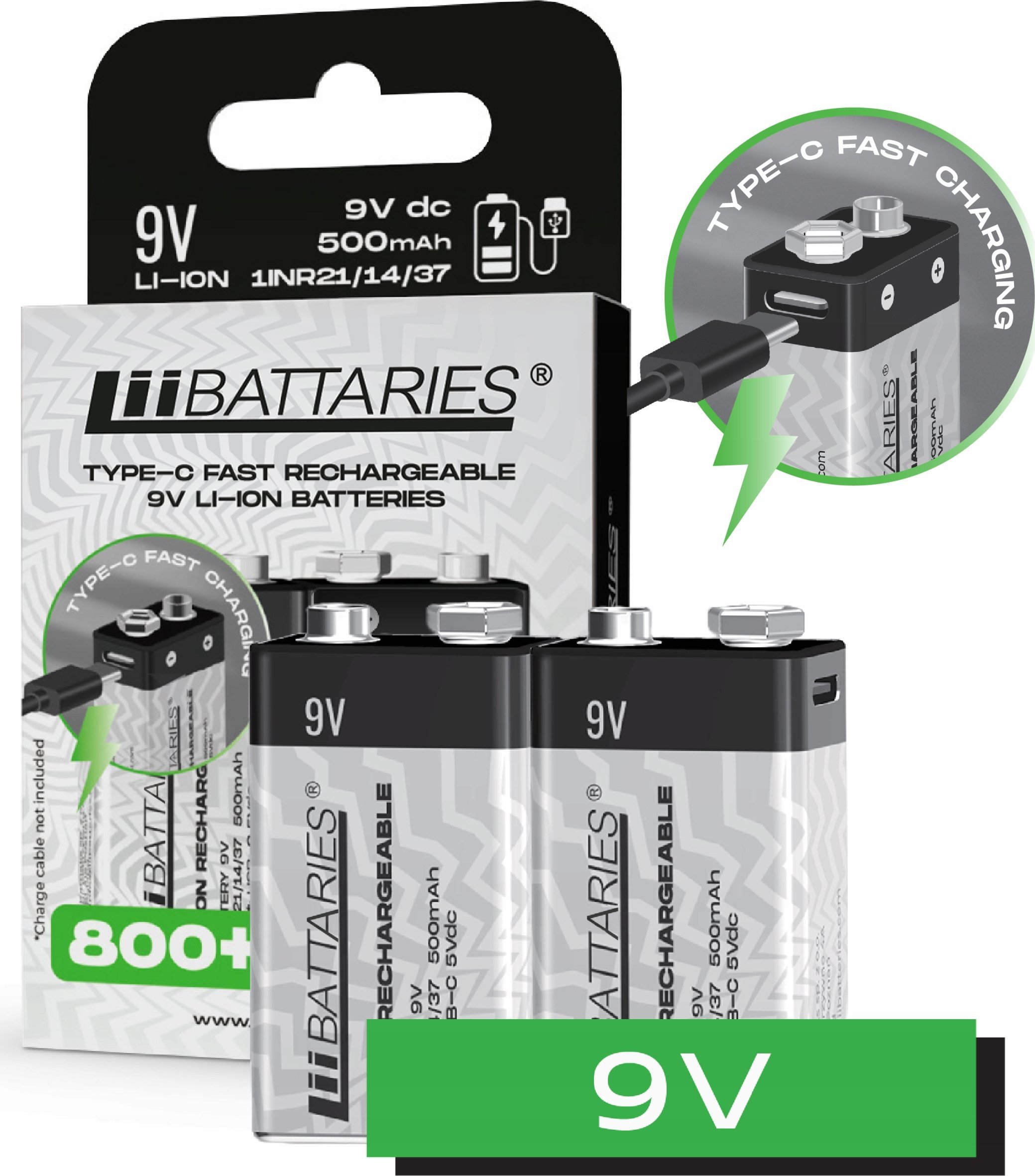 Bateri rikarikueshme LiiBattaries Powerful, 9V, 500mAh, USB C, set 2 copë
