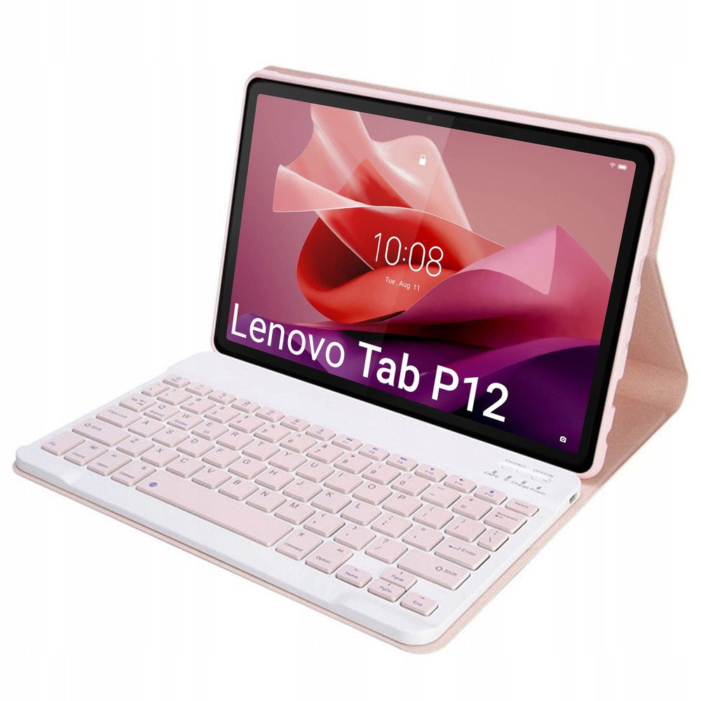 Kuti me tastierë Bluetooth për tablet Lenovo Tab P12 TB-370, lëkurë ekologjike, me mbyllje magnetike, rozë