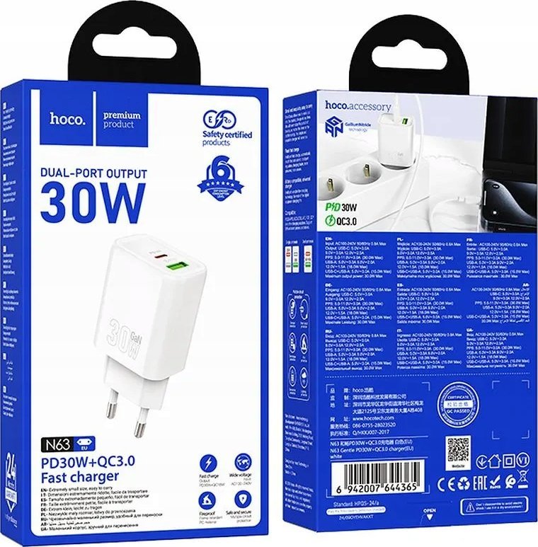 Karikues muri Hoco N63, USB A dhe USB C, 30W, i bardhë