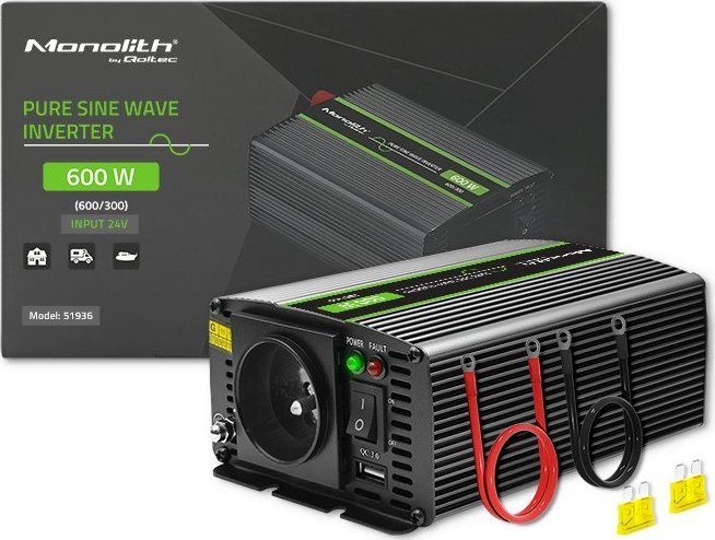 Inverter tensioni Qoltec Monolith 300W, 24V në 230V, Pure Sine Wave