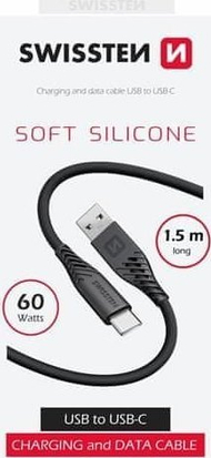Kабел USB Swissten Soft Silicone, USB C во USB C, 1.5m, 60W, црн