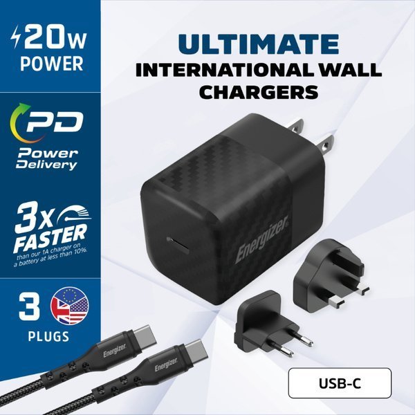 Полнач за мрежа Енерџајзер Ultimate GaN 20W, USB-C PD, со кабел USB-C, црн