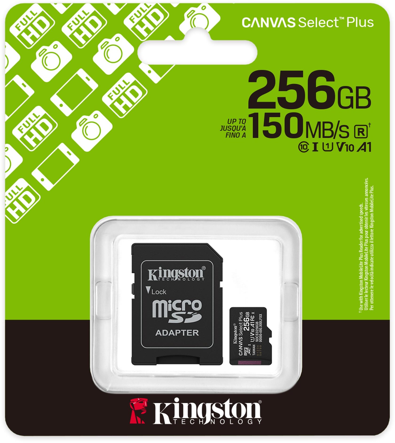 Kartë memorike Kingston Canvas Select Plus Gen3, 256GB, MicroSDXC A1 150MB/s, me adapter 3