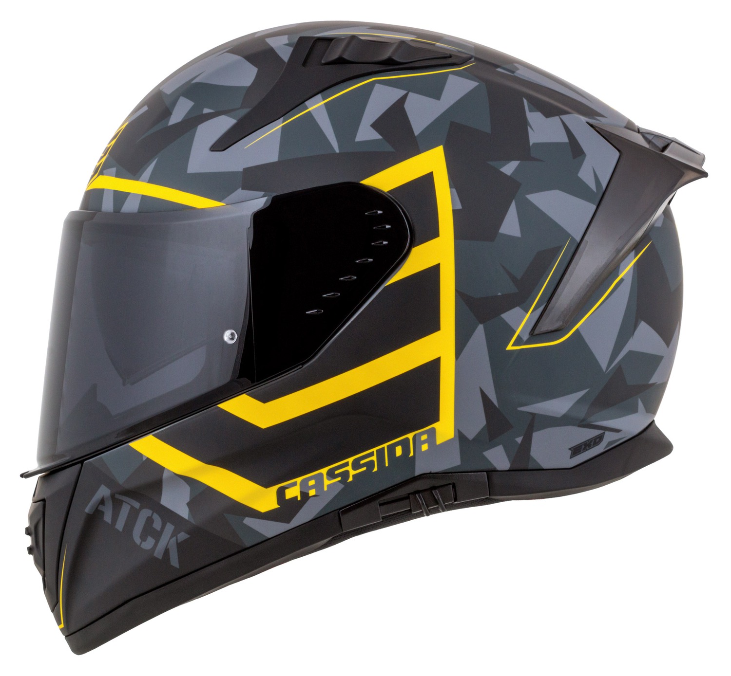 Helmetë moto CASSIDA Aero ATCK, integrale, polikarbonat, gri kamuflazh e zezë e verdhë neon