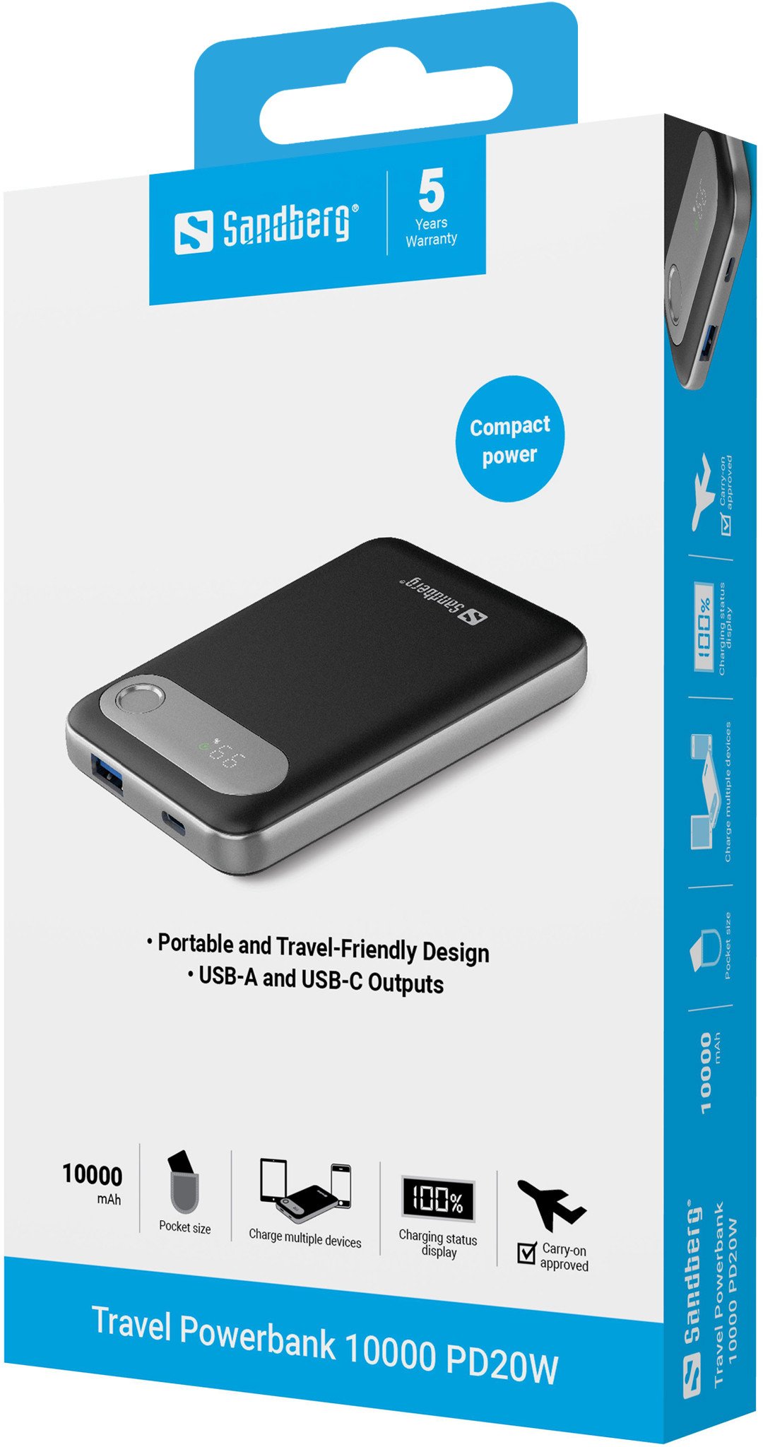 Powerbank Sandberg Travel 10000 PD20W, 10000 mAh, karikim i shpejtë 20W, i zi