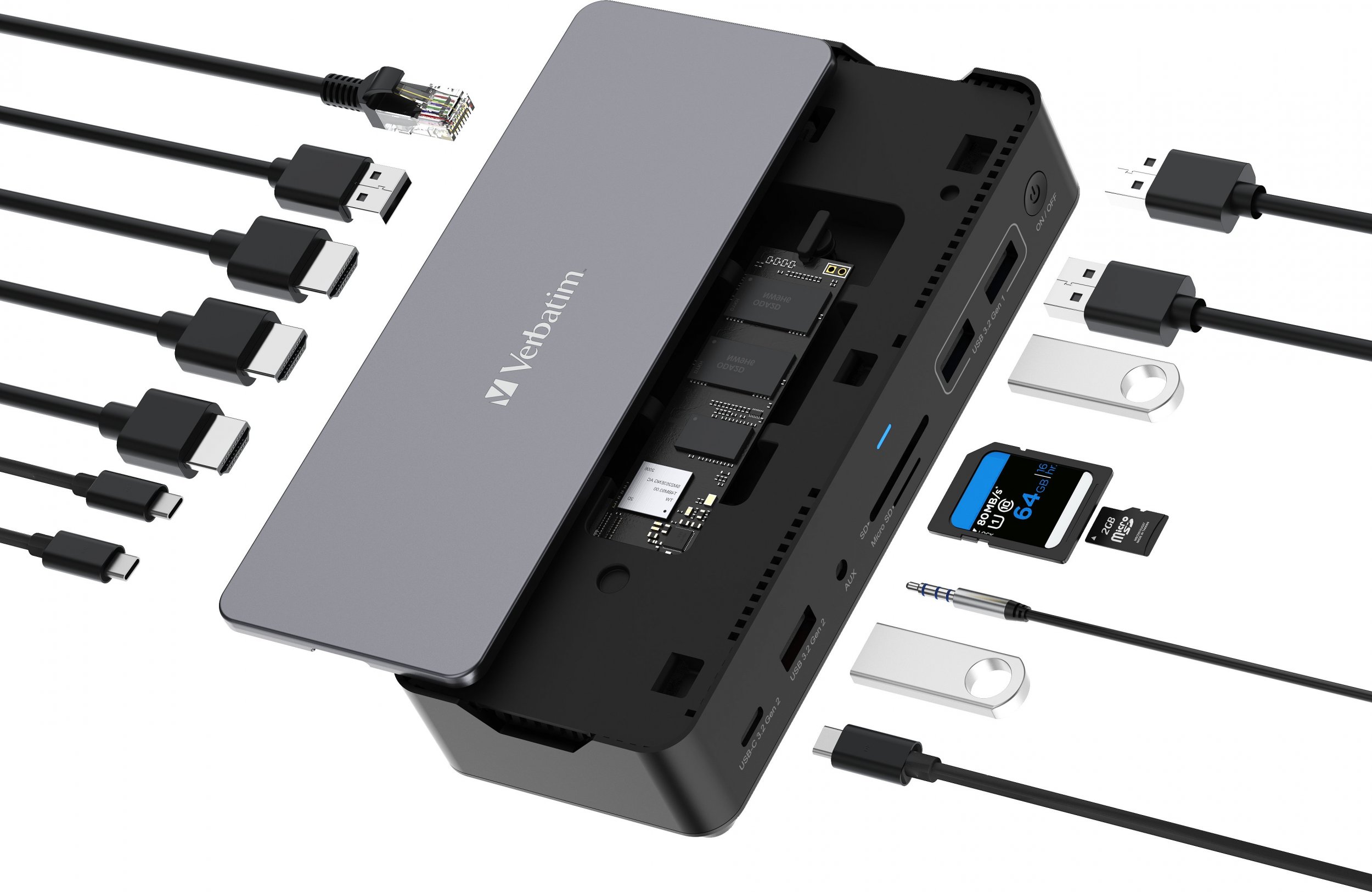 Doking stacion Verbatim CDS-15S, USB 3.2 Type C, 2x HDMI dhe DisplayPort, i zi gri