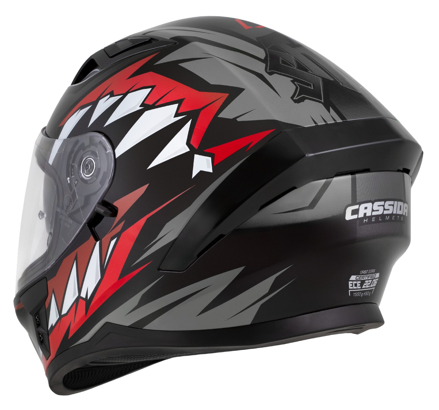 Helmetë integrale Cassida Orbit StriX 2026, polikarbonat, Pinlock ready, e kuqe gri bardhë zezë