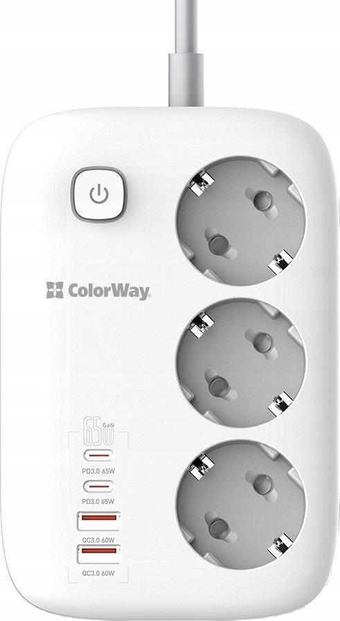 Мултифункционална приклучница ColorWay CW-CHE34PDW, 4x USB, 2m, бела