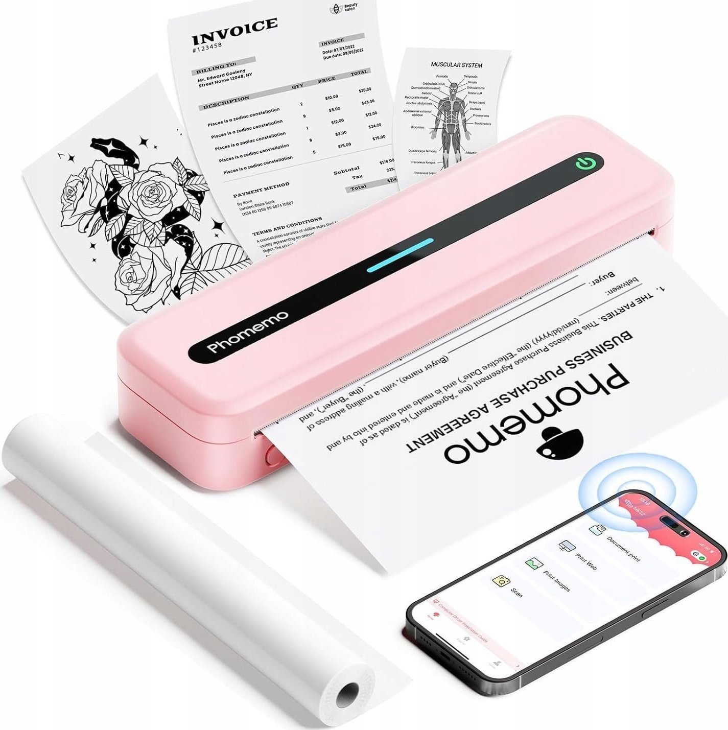Printer etiketash Phomemo M832, 300 x 300 dpi, USB dhe Bluetooth, rozë