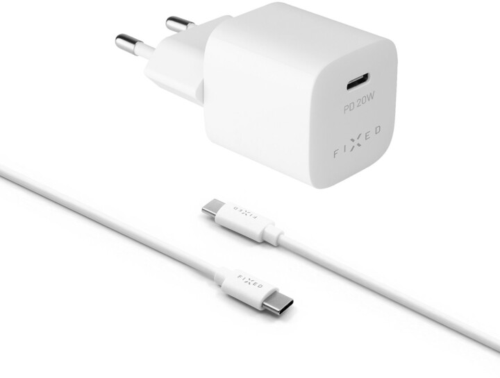 FIXED полнач, Mini со USB-C, PD, 20W, бел + USB-C - USB-C кабел, 1m