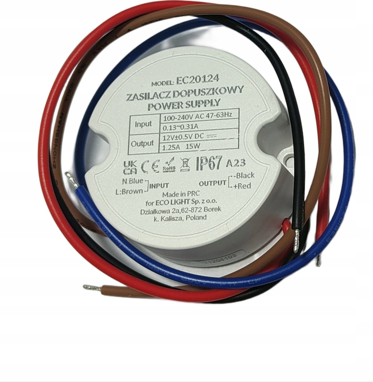 Furnizues energjie LED Eco Light EC20124, 15W, 12V, IP67, i bardhë