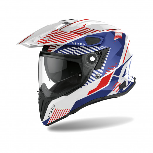 Helmetë motocross Airoh Commander Boost, me vizor dielli, e bardhë kuqe blu, madhësia S