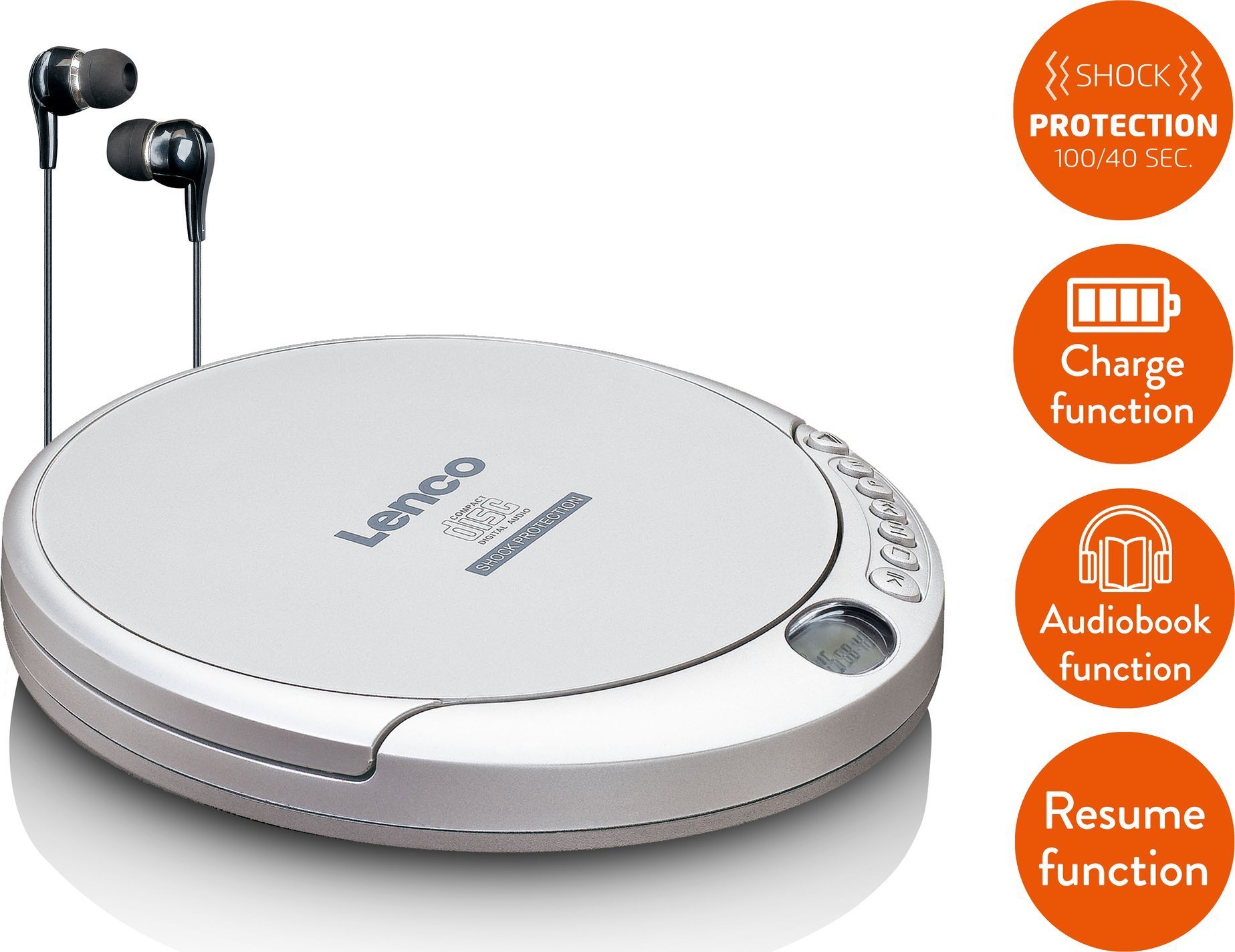 CD player portativ Lenco CD-201, MP3, ekran LCD, argjendtë