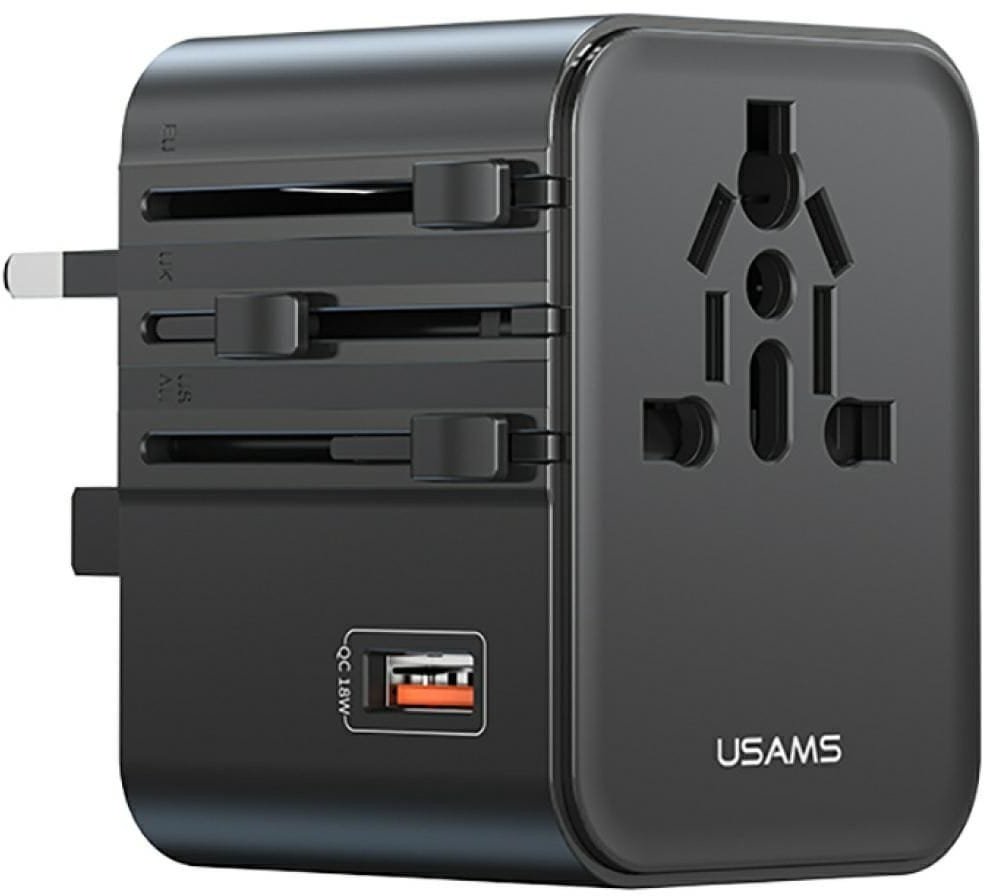 Karikues udhëtimi Usams CC309, 25W, 2x USB C 4 në 1 US AU EU UK, i zi