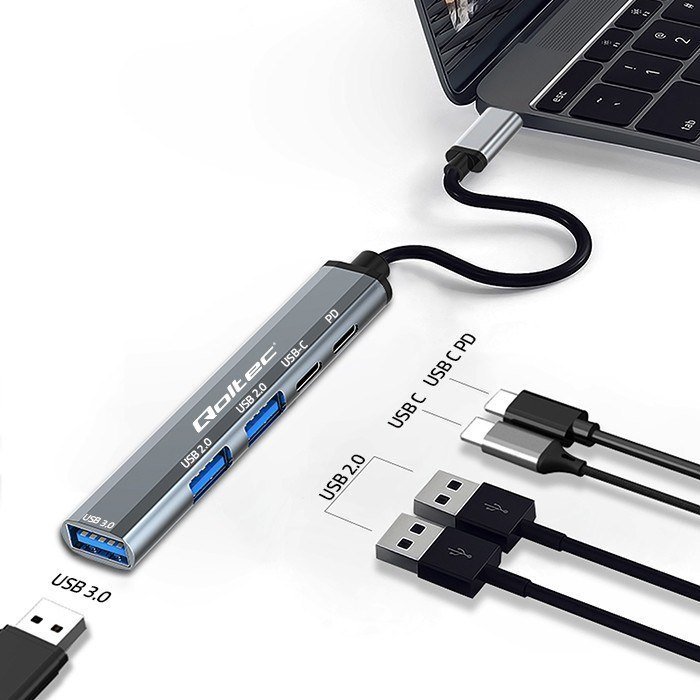USB HUB Qoltec 5in1, USB C 3.1, PD, gri