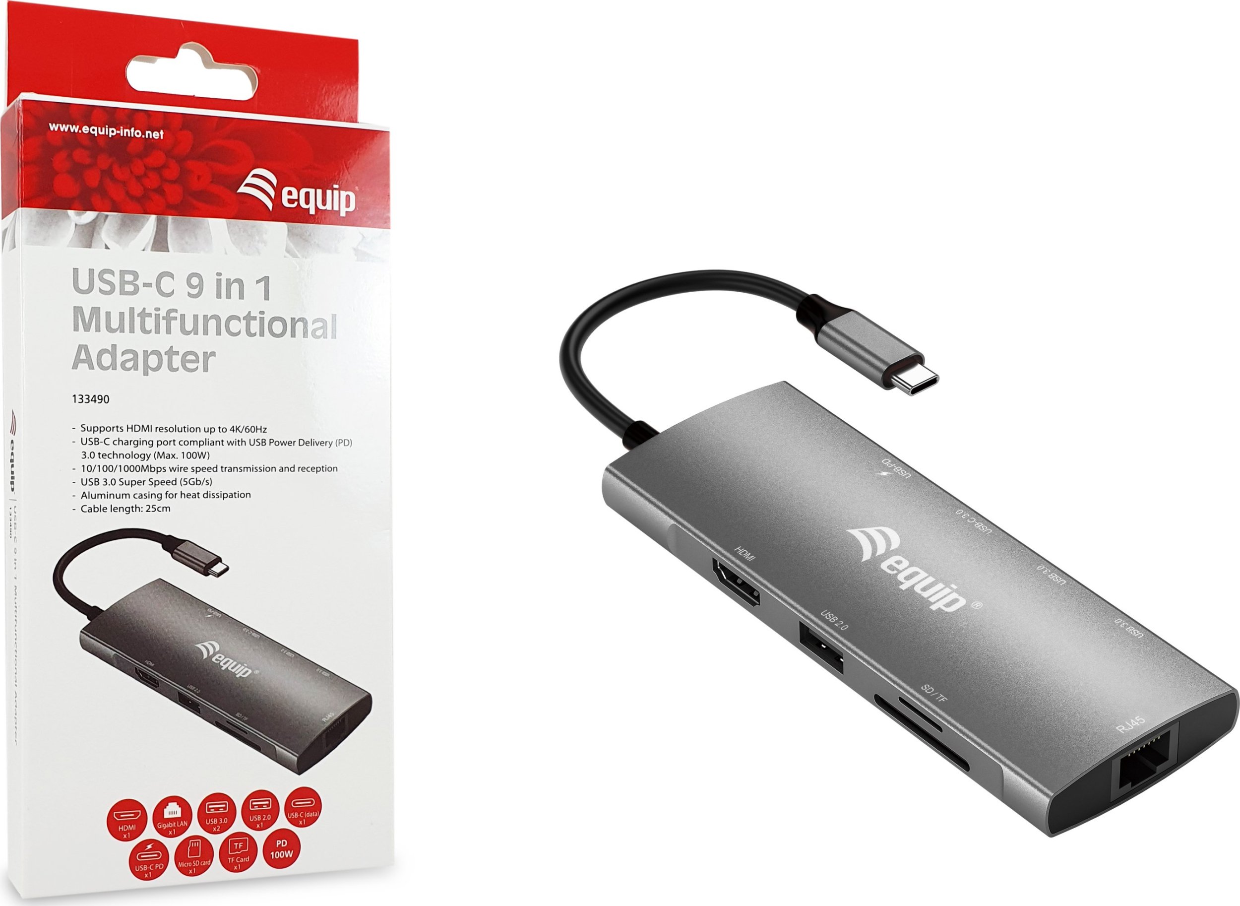 Adaptues USB-C Equip 133490, 9 në 1, HDMI 4K 60Hz, Gigabit LAN, gri