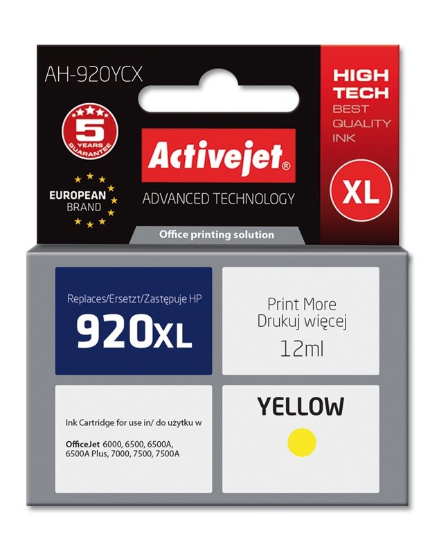 Ngjyrë për printer Activejet AH-920YCX (zëvendësim për HP 920XL CD974AE), 12 ml, e verdhë