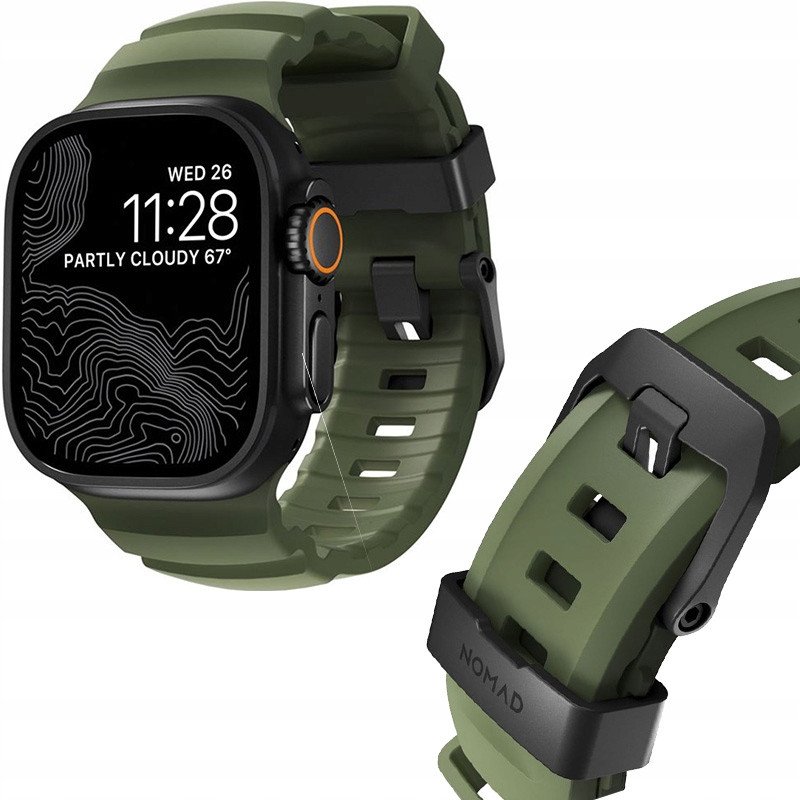 Byzylyk ore Rocky Point Band për Apple Watch, 46mm 49mm, gome FKM, ngjyrë jeshile Forest me metal i zi