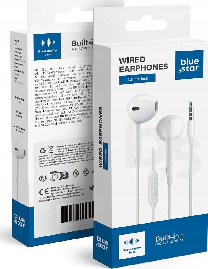 Kufje me kabllo BlueStar E65, jack 3.5 mm, mikrofon, të bardha