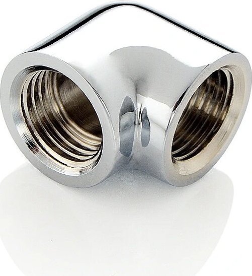 Përshtatës ujë-ftohës Bitspower Touchaqua, 90°, G1/4 femër në femër, argjendtë