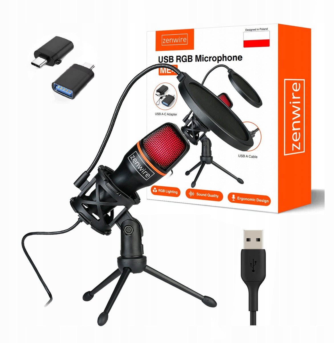 Mikrofon studio kondenzator Zenwire ME4, USB C USB 3.0, ndriçim RGB