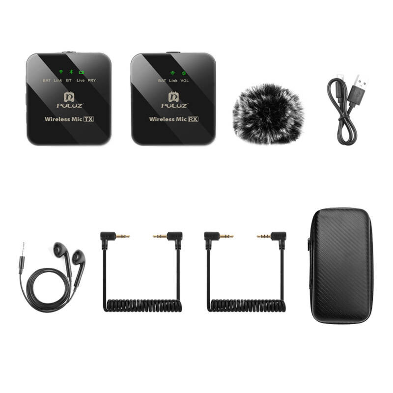 Mikrofon wireless lavalier Puluz 2 TX 1 RX, set me 2 transmetues, për kamera dhe telefona, i zi