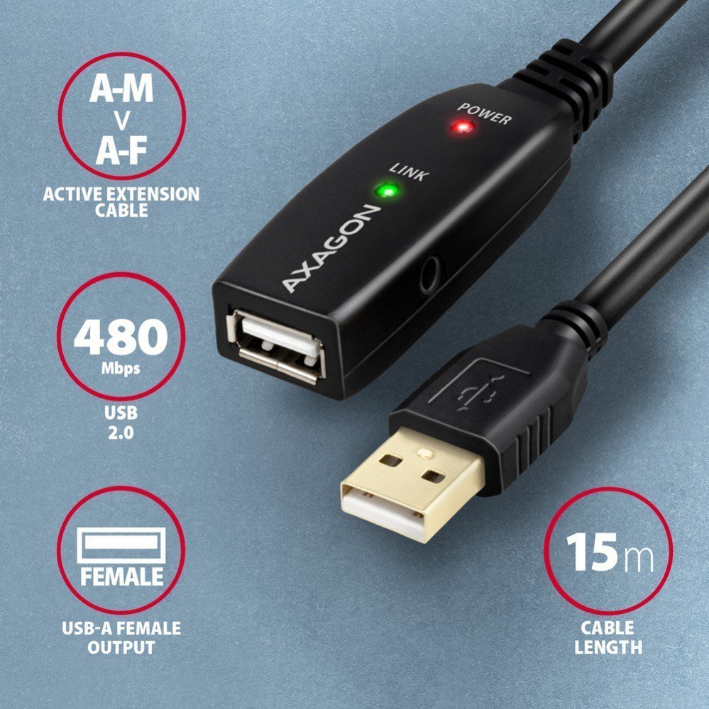 Kabllo zgjatëse USB Axagon ADR-215, USB A në USB A, 15 m, e zezë