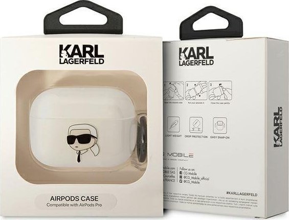 Mbulesë Karl Lagerfeld KLAPHNIKTCT për AirPods Pro, transparente, dizajn Karl`s Head