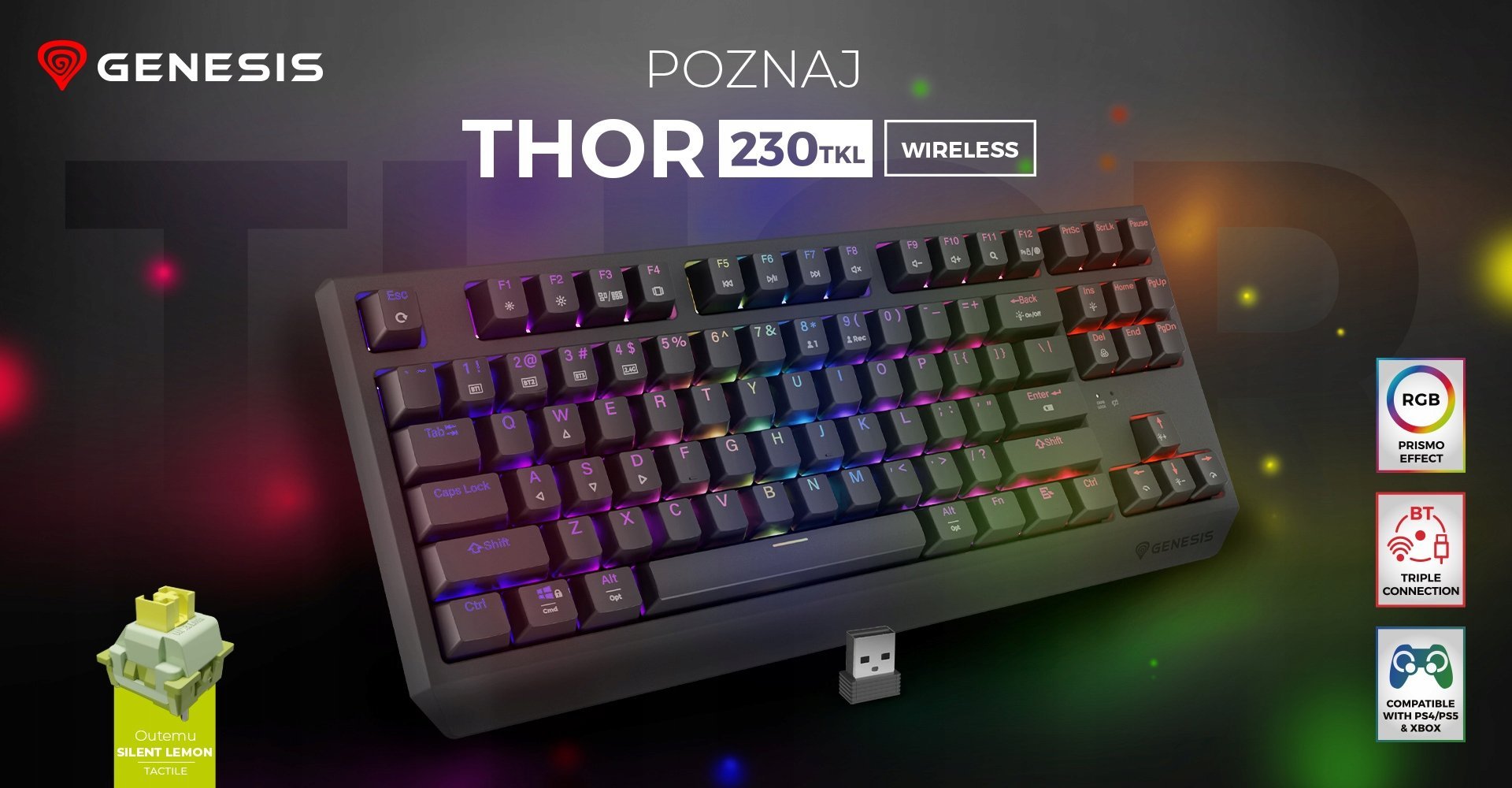 Tastierë mekanike wireless Genesis Thor 230 TKL, RGB, hot swap, Outemu Silent Lemon, e zezë
