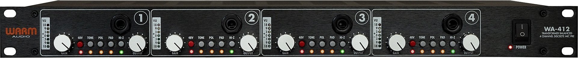Preamp audio Warm Audio WA-412, 4 kanale, rack 1U, ngjyrë e zezë