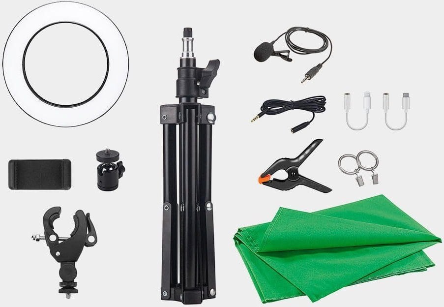 Set studio për krijues EasyPix MyStudio, sfond jeshil 2x3m, tripod dhe ring light LED