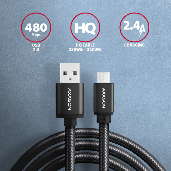 Kabllo AXAGON USB-A - micro USB2.0 HQ, 2.4A, 1m, e zezë