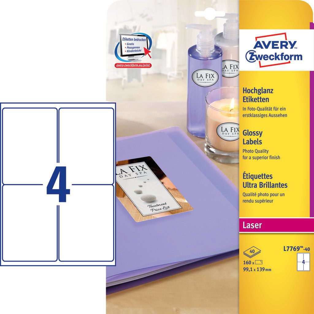 Etiketa glossy Avery Zweckform L7769-40, 99.1 x 139 mm, të bardha