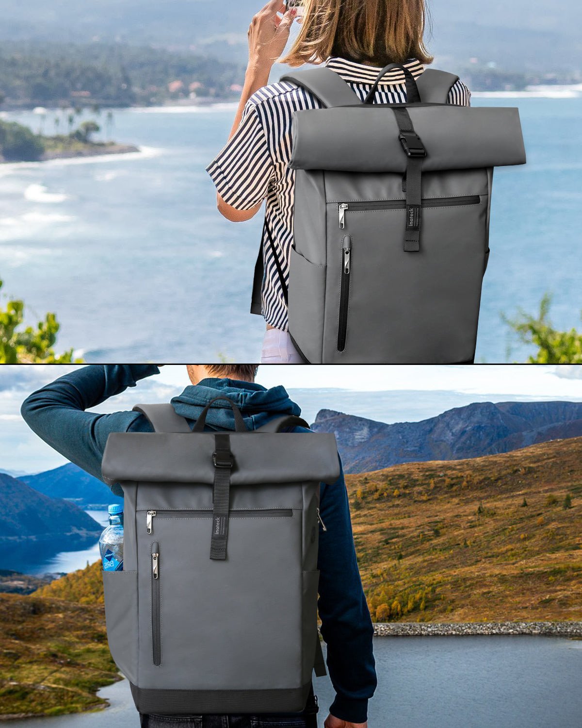 Çantë shpine Inateck RollTop, 25L-30L, për laptop 15"-17", gri