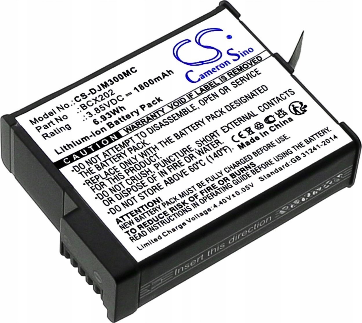 Bateri kamerë aksioni Cameron Sino BCX202, 1800mAh 6.93Wh, Li ion, e zezë