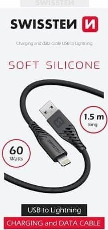 Kabllo karikimi Swissten Soft Silicone USB Lightning, 60W, 1.5m, e zezë