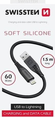 Kabllo karikimi Swissten Soft Silicone USB Lightning, 60W, 1.5m, e zezë