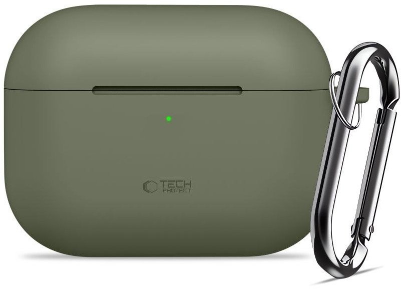 Këllëf silikoni Tech-Protect për Apple AirPods Pro 3, me karabinë, jeshile ulliri