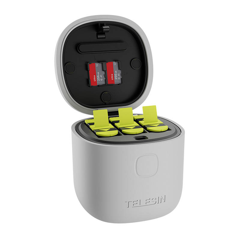 Set karikuesi Telesin Allin Box për GoPro Hero 9 10, 3 bateri 1750mAh, USB C, gri